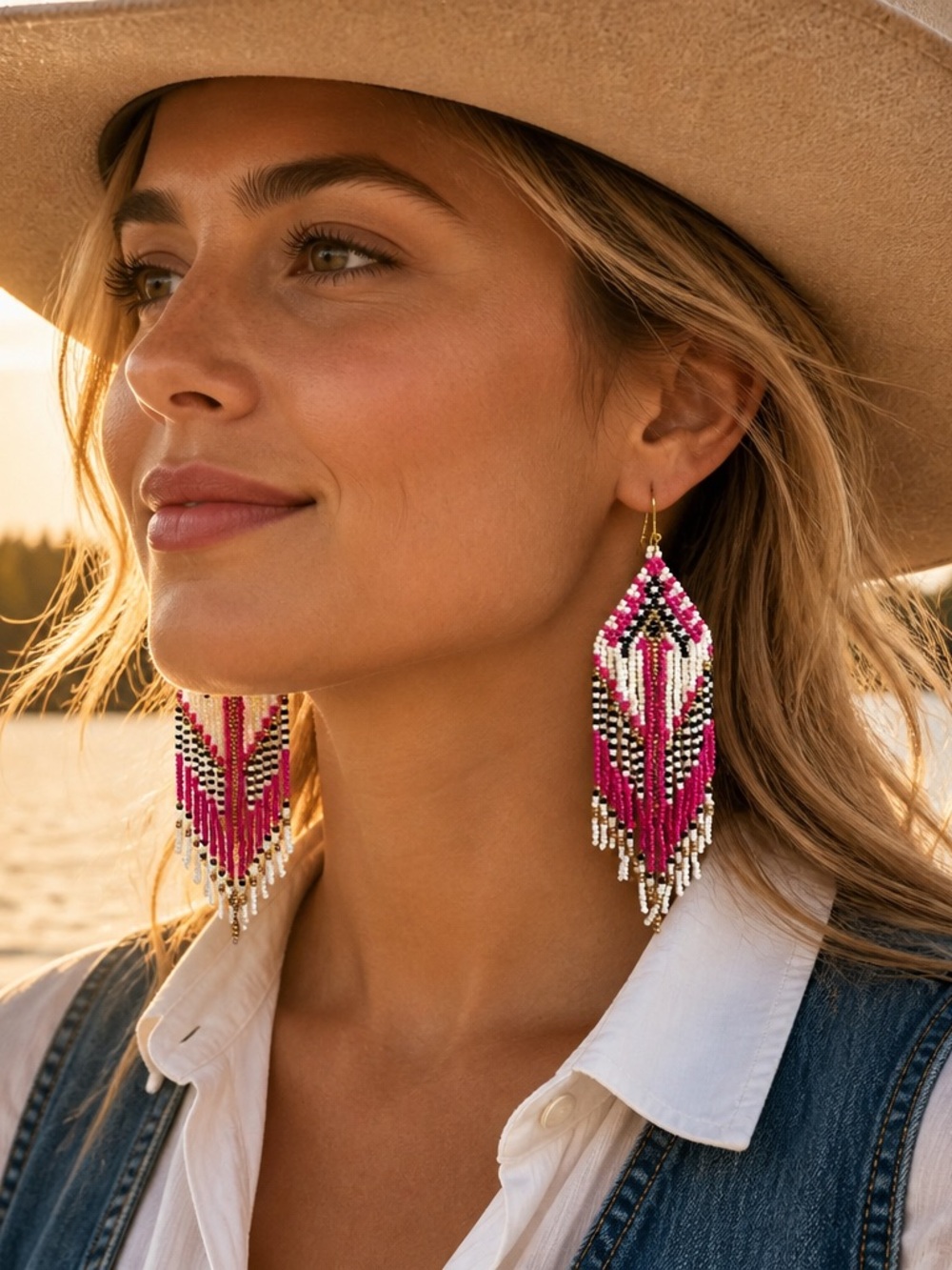 Pink Turquoise Gold Beaded Fringe Earrings Boho Western Cowgirl